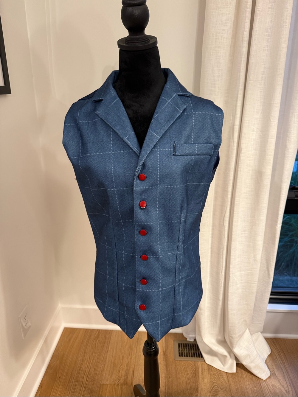 Blue Plaid Tailored Vest Red Buttons Size 2XL